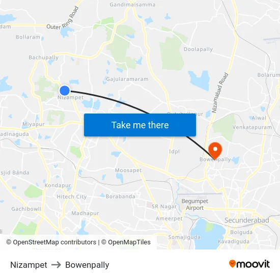 Nizampet to Bowenpally map