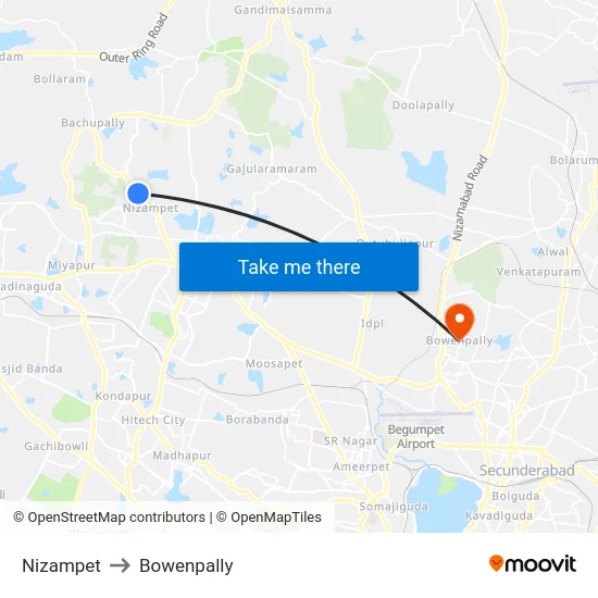 Nizampet to Bowenpally map
