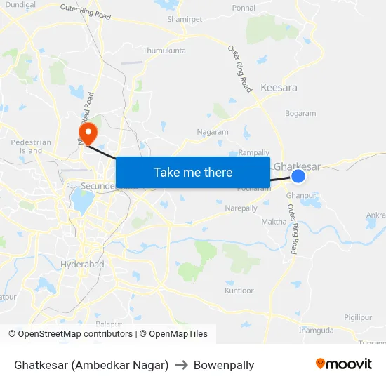 Ghatkesar (Ambedkar Nagar) to Bowenpally map