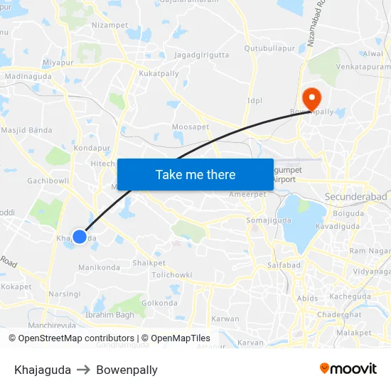 Khajaguda to Bowenpally map
