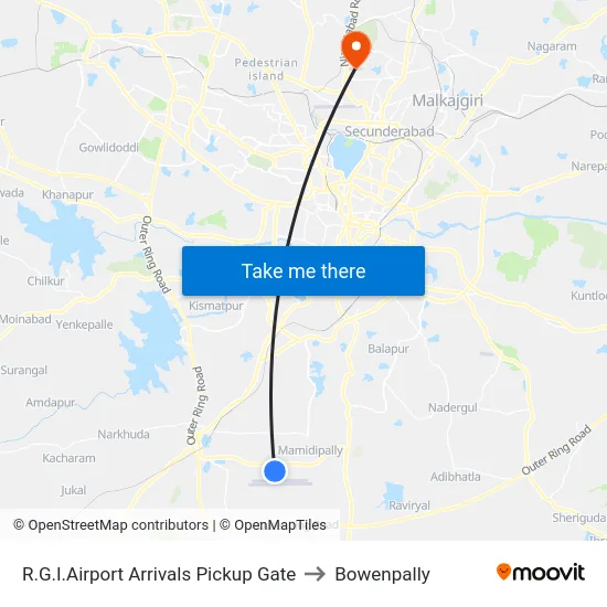 R.G.I.Airport Arrivals Pickup Gate to Bowenpally map