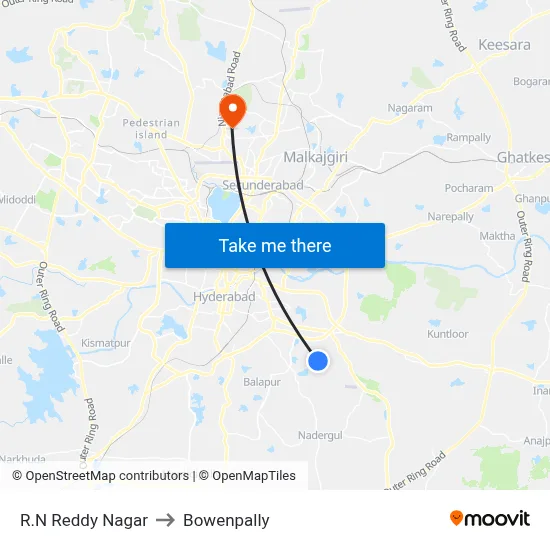 R.N Reddy Nagar to Bowenpally map