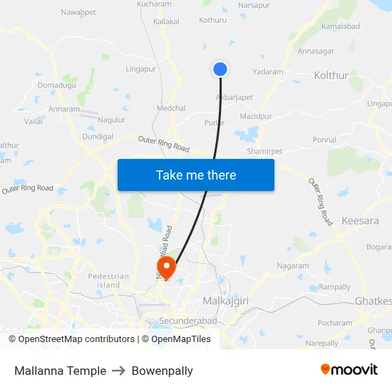 Mallanna Temple to Bowenpally map
