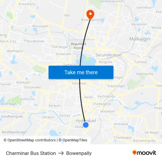 Charminar Bus Station to Bowenpally map