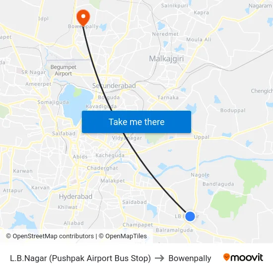 L.B.Nagar (Pushpak Airport Bus Stop) to Bowenpally map
