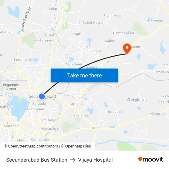 Secunderabad Bus Station to Vijaya Hospital map
