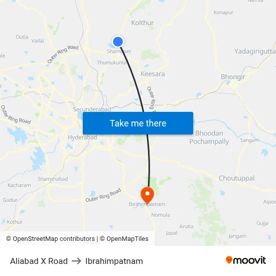 Aliabad X Road to Ibrahimpatnam map