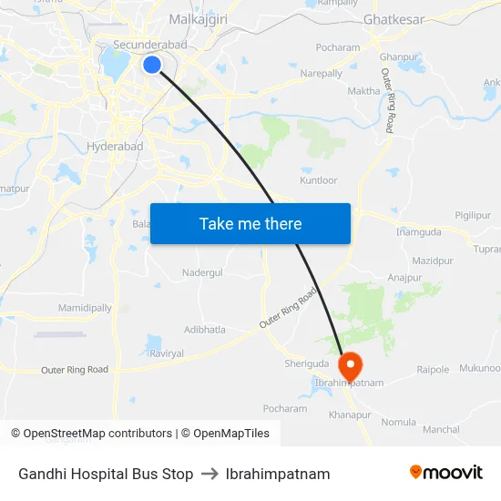 Gandhi Hospital Bus Stop to Ibrahimpatnam map