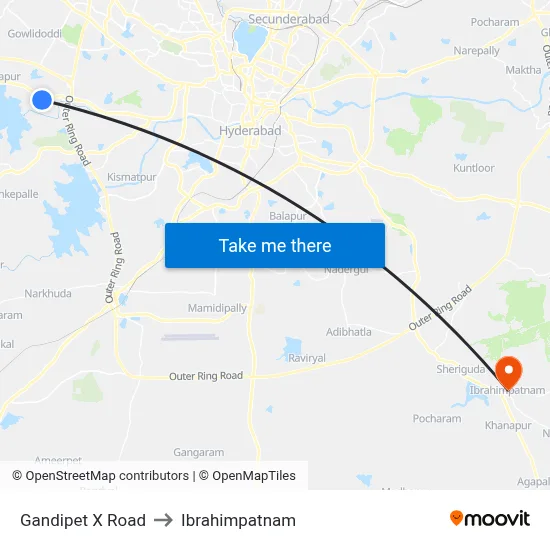 Gandipet X Road to Ibrahimpatnam map