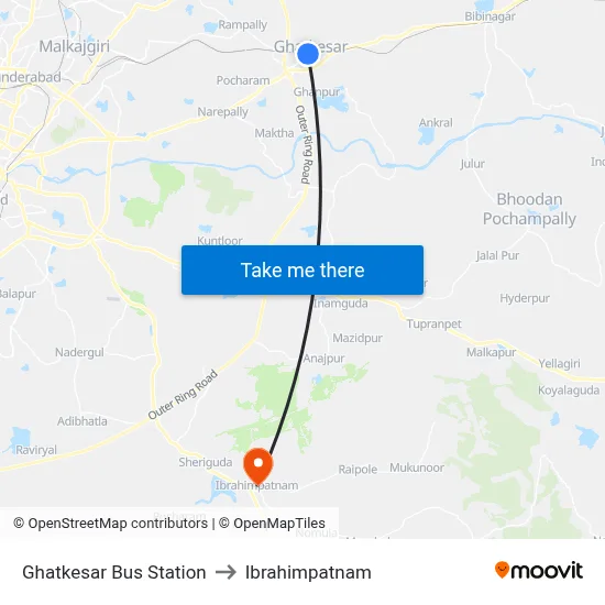 Ghatkesar Bus Station to Ibrahimpatnam map