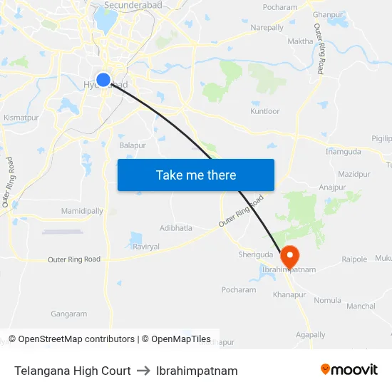 Telangana High Court to Ibrahimpatnam map
