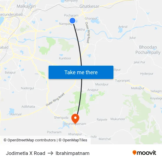 Jodimetla X Road to Ibrahimpatnam map