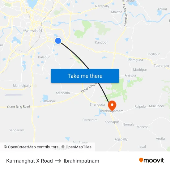 Karmanghat X Road to Ibrahimpatnam map