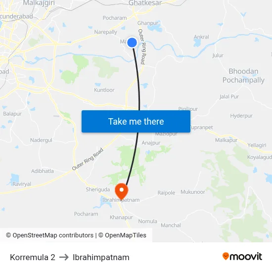 Korremula 2 to Ibrahimpatnam map