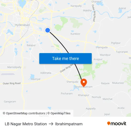 LB Nagar Metro Station to Ibrahimpatnam map