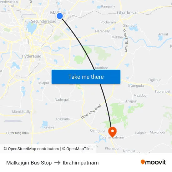 Malkajgiri Bus Stop to Ibrahimpatnam map