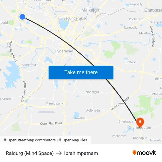 Raidurg (Mind Space) to Ibrahimpatnam map