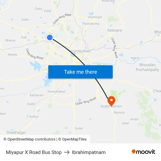 Miyapur X Road Bus Stop to Ibrahimpatnam map