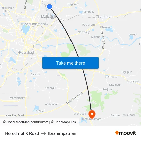 Neredmet X Road to Ibrahimpatnam map
