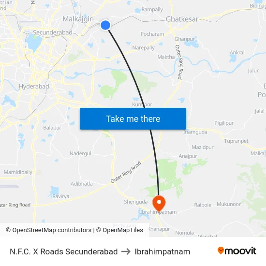 N.F.C. X Roads Secunderabad to Ibrahimpatnam map