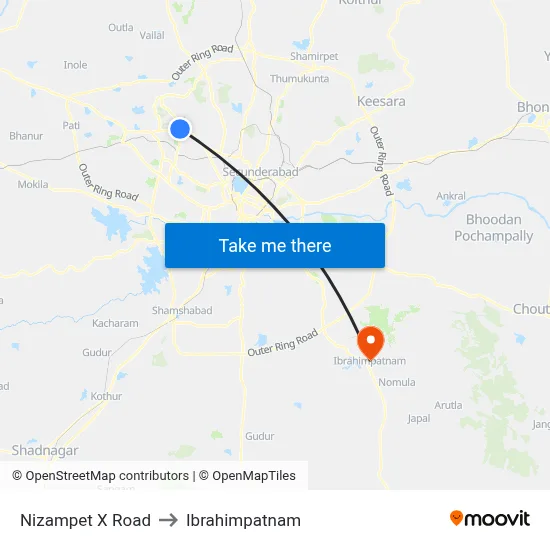 Nizampet X Road to Ibrahimpatnam map