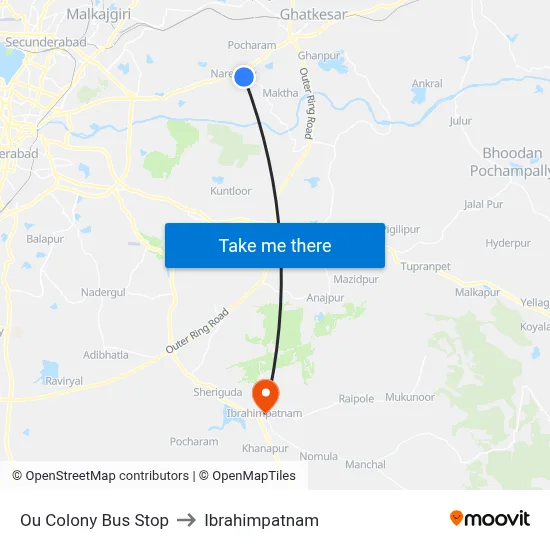 Ou Colony Bus Stop to Ibrahimpatnam map