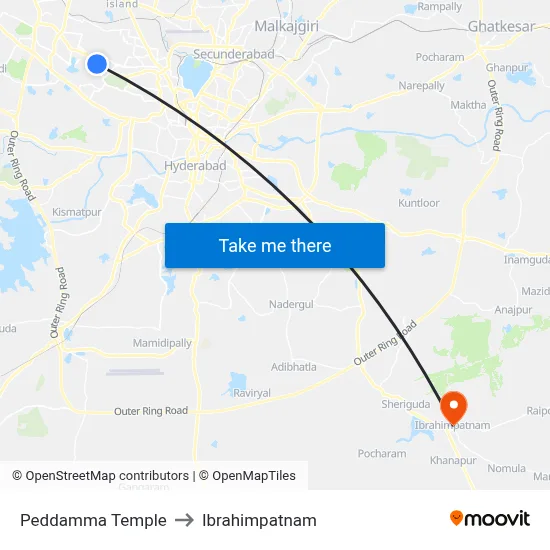 Peddamma Temple to Ibrahimpatnam map