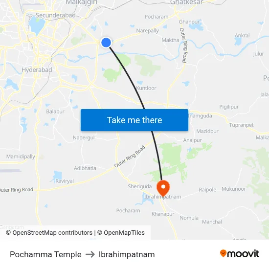 Pochamma Temple to Ibrahimpatnam map