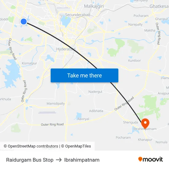 Raidurgam Bus Stop to Ibrahimpatnam map