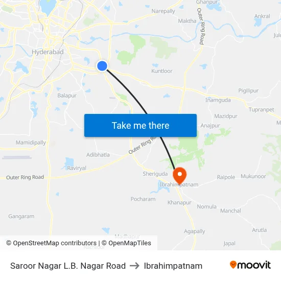Saroor Nagar L.B. Nagar Road to Ibrahimpatnam map