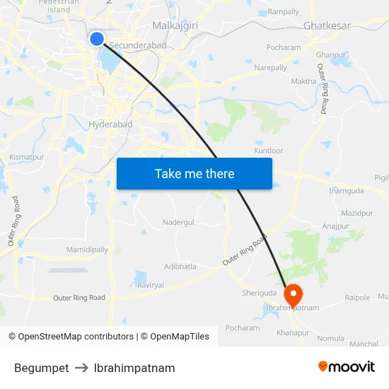 Begumpet to Ibrahimpatnam map