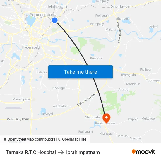 Tarnaka R.T.C Hospital to Ibrahimpatnam map