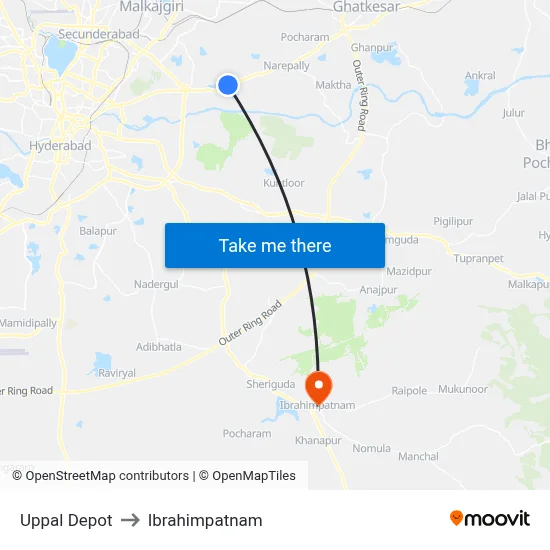 Uppal Depot to Ibrahimpatnam map