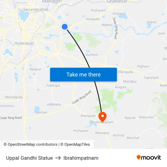 Uppal Gandhi Statue to Ibrahimpatnam map