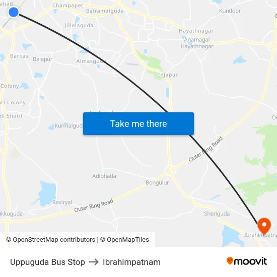 Uppuguda Bus Stop to Ibrahimpatnam map
