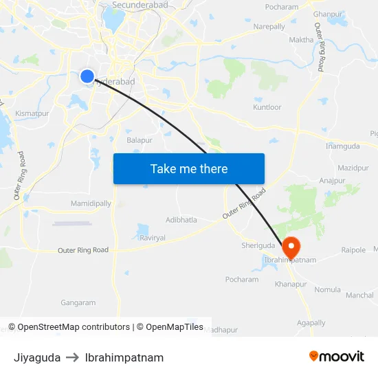 Jiyaguda to Ibrahimpatnam map