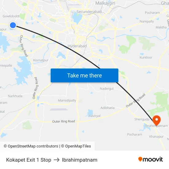 Kokapet Exit 1 Stop to Ibrahimpatnam map