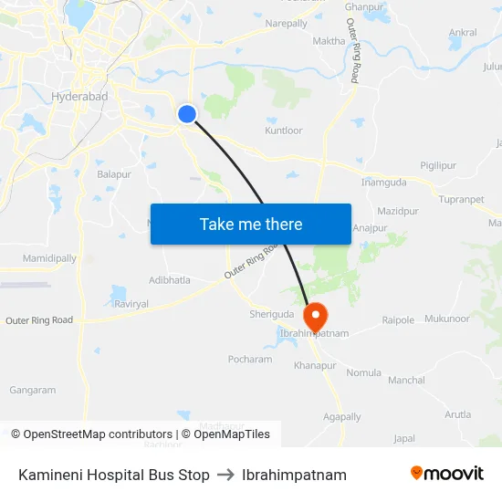 Kamineni Hospital Bus Stop to Ibrahimpatnam map