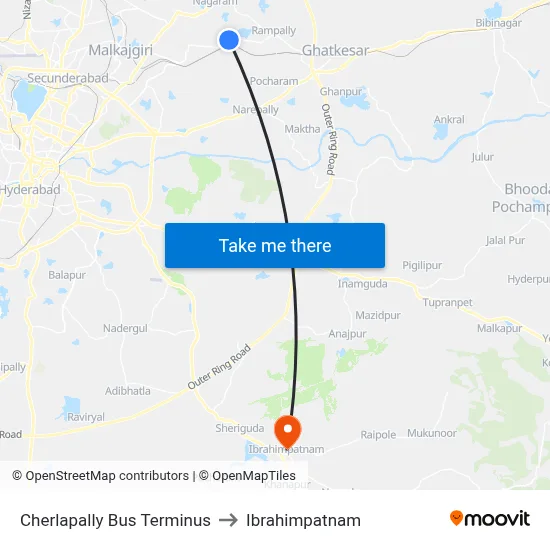 Cherlapally Bus Terminus to Ibrahimpatnam map