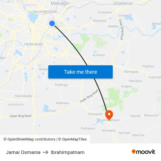 Jamai Osmania to Ibrahimpatnam map