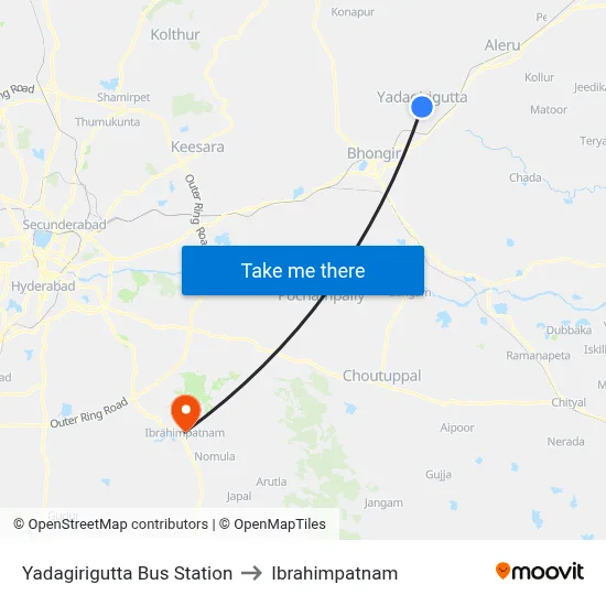 Yadagirigutta Bus Station to Ibrahimpatnam map