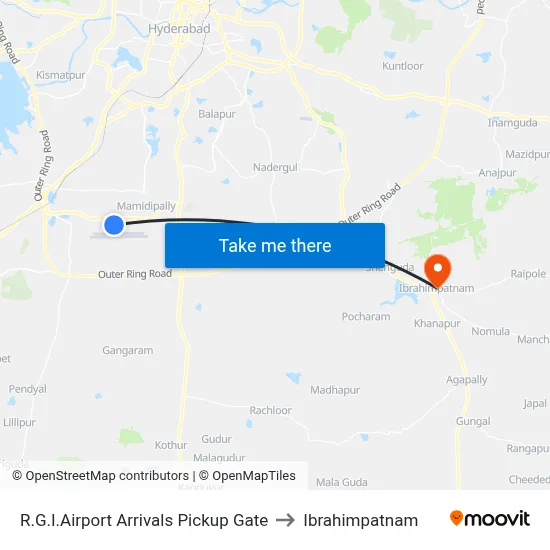 R.G.I.Airport Arrivals Pickup Gate to Ibrahimpatnam map