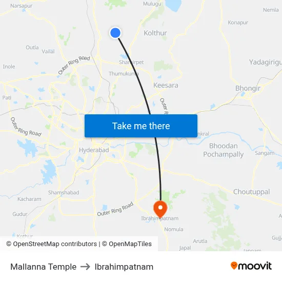 Mallanna Temple to Ibrahimpatnam map