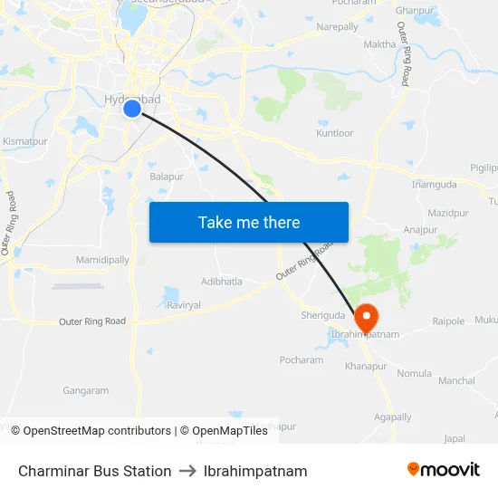 Charminar Bus Station to Ibrahimpatnam map