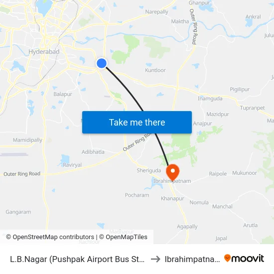 L.B.Nagar (Pushpak Airport Bus Stop) to Ibrahimpatnam map