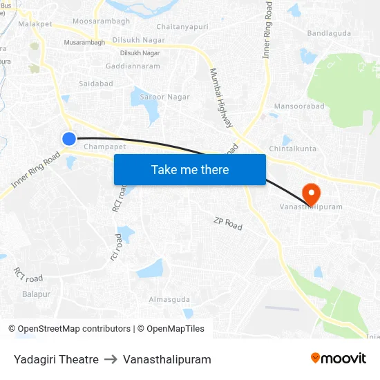 Yadagiri Theatre to Vanasthalipuram map