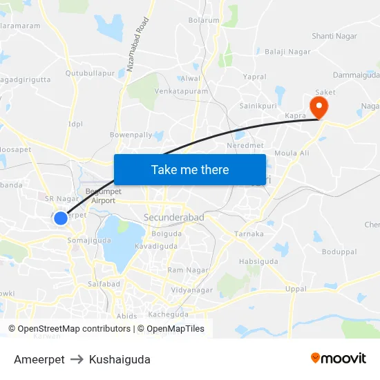 Ameerpet to Kushaiguda map