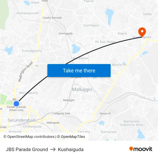 JBS Parade Ground to Kushaiguda map
