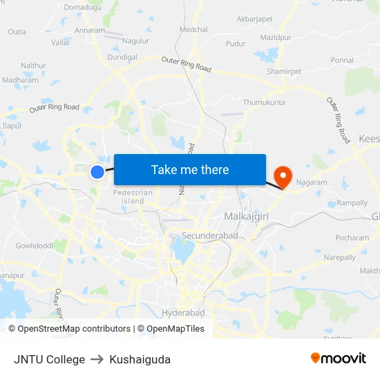 JNTU College to Kushaiguda map