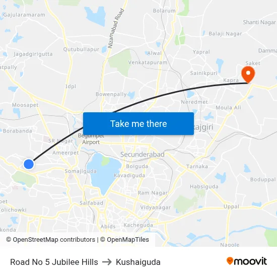 Road No 5 Jubilee Hills to Kushaiguda map